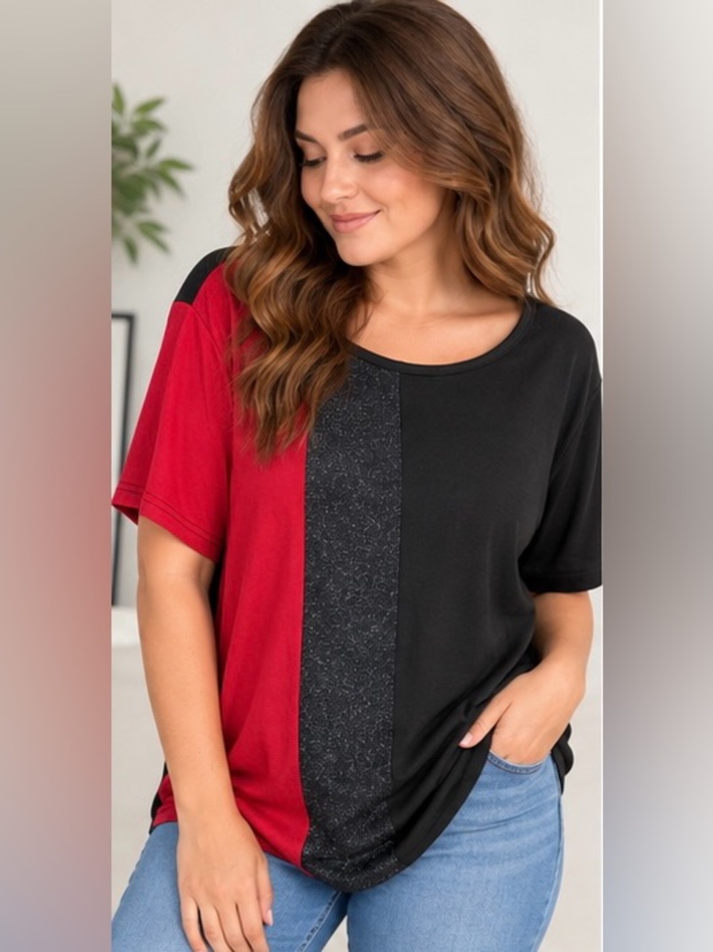 SHEIN Red and Black Colorblock Short Sleeve Tee